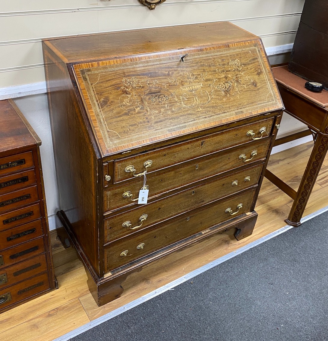 A George III mahogany bureau, later marquetry inlaid and crossbanded, width 91cm, depth 48cm, height 105cm
